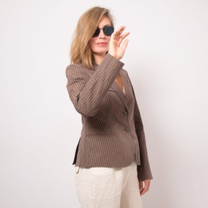 HUGO BOSS Brown Cotton Jacket Striped Blazer Summer Blazer Women Pure % 100 Cotton Blazer Medium Size Travel Cruise Style image 7