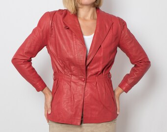 80s Vintage Red Leather Jacket Women Leather Blazer Small Size Gift for Wife