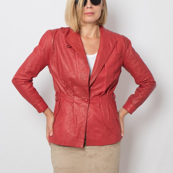 Veste en cuir rouge vintage des années 80 pour femme, blazer en cuir, petite taille, cadeau pour femme