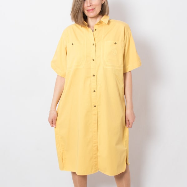 BOGNER 90er Jahre Button Up Shirt Dress Gelbes Baumwoll Shirtkleid Large Size