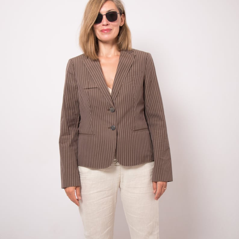 HUGO BOSS Brown Cotton Jacket Striped Blazer Summer Blazer Women Pure % 100 Cotton Blazer Medium Size Travel Cruise Style image 3