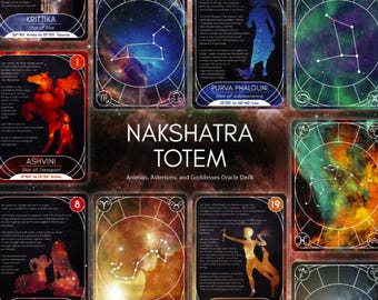 May include: An oracle card deck with a celestial theme, showcasing constellations, figures, and text. The cards are arranged to display the title "Nakshatra Totem". The deck is designed for divination and spiritual guidance.