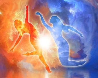 Op de afbeelding: Twee figuren, een in rood en een in blauw, dansen tegen een achtergrond van wervelende wolken en sterren. De rode figuur is links en de blauwe figuur is rechts. De figuren zijn gesilhouetteerd tegen de achtergrond.