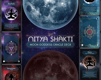 May include: A set of oracle cards with a cosmic theme. The cards feature illustrations of goddesses and symbols. The cards are part of the Nitya Shakti Moon Goddess Oracle Deck.
