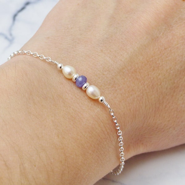 Ivory Pearl And Tanzanite Bracelet, Sterling Silver Adjustable Bracelet, Bridal Jewellery Gift For Her, Freshwater Pearl Gemstone Bracelet
