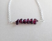 Sterling silver garnet bead bar necklace, January birthstone, gemstone bar necklace, natural raw genuine garnet necklace