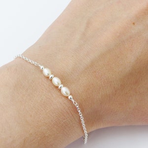 Ivory Pearl bar bracelet, sterling silver adjustable bracelet, June birthstone gift, freshwater pearl bracelet