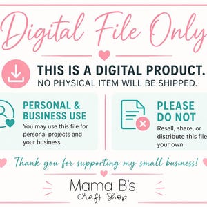 Puede incluir: Anuncio de producto digital con acentos rosas y turquesas. El texto dice "Solo archivo digital" y "Este es un producto digital. No se enviar&aacute; ning&uacute;n art&iacute;culo f&iacute;sico". Incluye pautas de uso y un mensaje de agradecimiento.