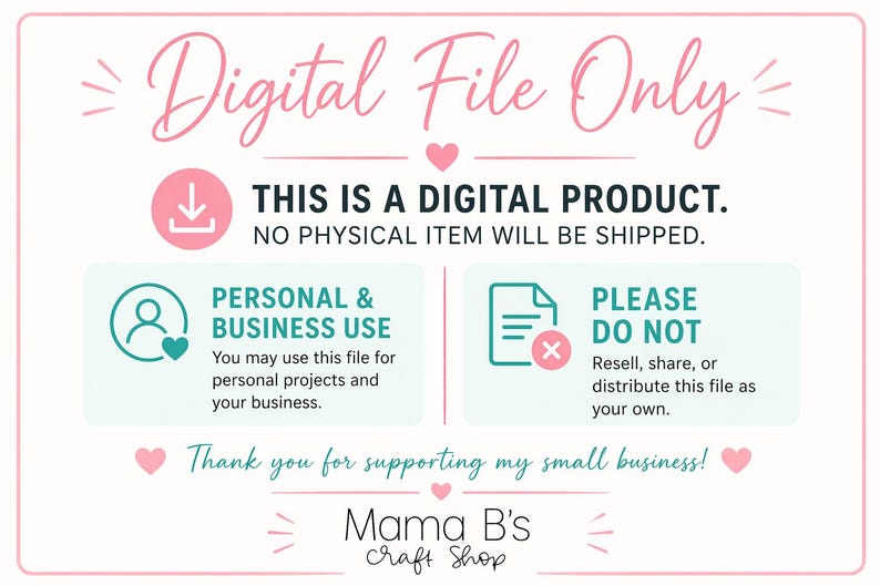 Puede incluir: Anuncio de producto digital con acentos rosas y turquesas. El texto dice "Solo archivo digital" y "Este es un producto digital. No se enviar&aacute; ning&uacute;n art&iacute;culo f&iacute;sico". Incluye pautas de uso y un mensaje de agradecimiento.