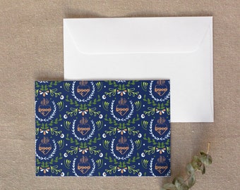 Navy Blue Folk Style Sacred Heart Pattern, Christian Greeting Cards, Set of 8 Folded Cards With Envelopes, Catholic Art, Custom Stationery