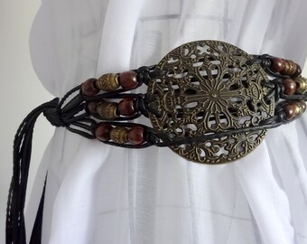 Black belt Waist belt Knitted belt Macrame Belt Vintage belt Boho belt Wooden beads Tie belt Women belt Bead belt Beaded belt Hippie belt
