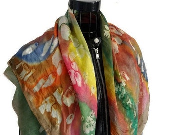 Square silk scarf, Hand painted silk, Colorful silk scarf, Art scarf, Square scarf, Boho scarf, Vintage silk scarf, Mom gift