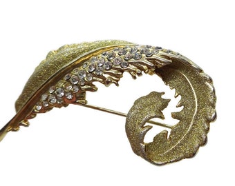 Brushed gold, Gold feather brooch brooch with crystals, Vintage feather, Gold tone brooch