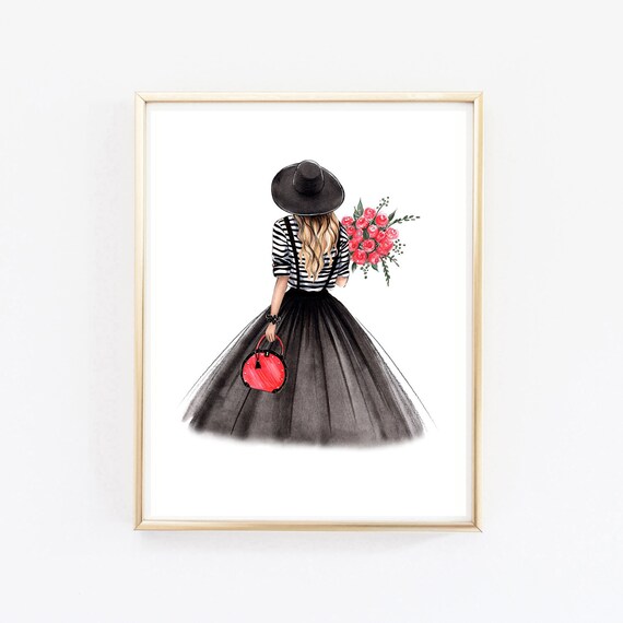 Paris Girl Wall Art Fashion Illustration Black Red Wall Art Black Dress Art Paris Bedroom Decor Girly Wall Art Print Teen Girl Room Decor