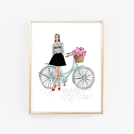 Bicycle Wall Art Girly Wall Art Fashion Illustration Etsy