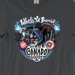 Camiseta Resident Evil 4 Merchant &#39;Ganado Goods&#39; // RE4 Biohazard // Jogo de terror // Zumbi // Survival Horror // Halloween
