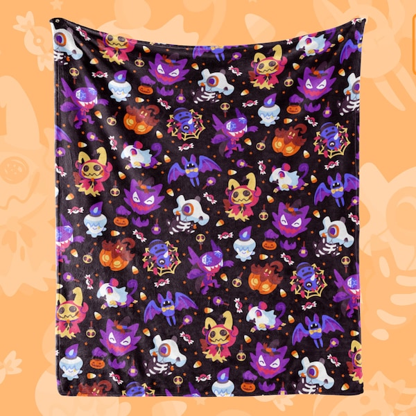 Halloween pkmn THROW BLANKET // All-Over Pattern Print // Ghost Type // Trick or Treat // Mimikyu Haunter Litwick Cubone Pumpkaboo