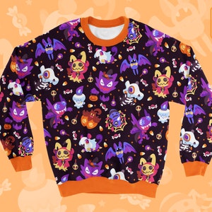 Halloween PKMN SWEATER // All-Over Pattern Print // Ghost Type // Trick or Treat // Mimikyu Haunter Litwick Cubone Rattata Pumpkaboo