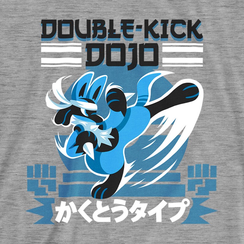 May include: A blue and black cartoon character with a white headband kicks in a blue and white circle with the text "DOUBLE-KICK DOJO" above and Japanese text below.