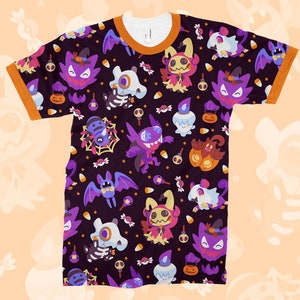 T-SHIRT Créatures d’Halloween // Imprimé motif intégral // Type fantôme // Trick or Treat // Mimikyu Haunter Litwick Cubone Rattata Pumpkaboo