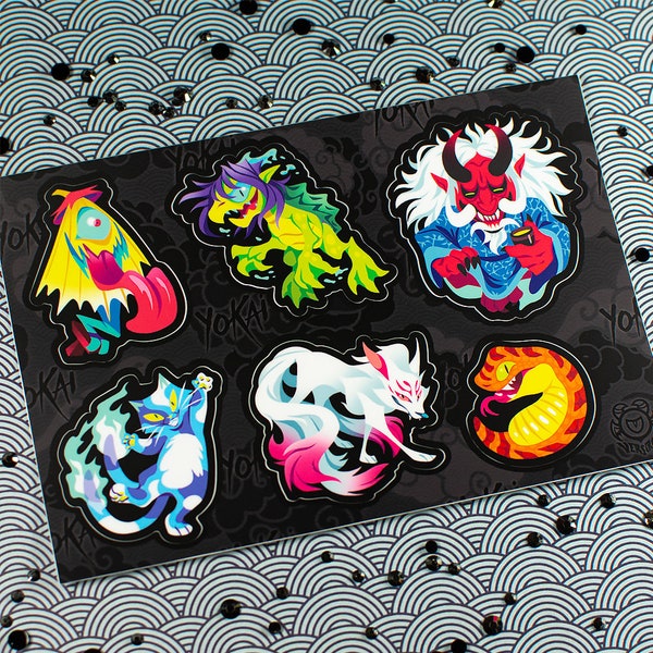 Yokai Sticker Sheet // Japanese Folklore // Kitsune Oni Kappa Nekomata Tsuchinoko Kasa-obake