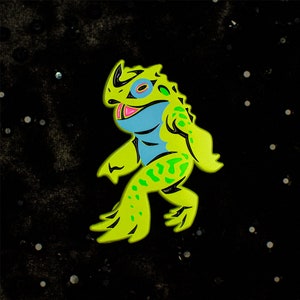 May include: A green and blue cartoon monster with a large head and a long tail. The monster is walking with its right leg forward and its left leg back. The monster has a large, round eye and a small mouth.