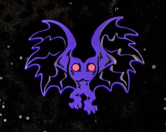 May include: Purple bat-like creature with black wings and pink eyes. The creature is depicted in a cartoon style and has a whimsical appearance.