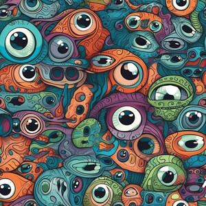 May include: A colorful, psychedelic pattern with many eyes and swirls. The background is a mix of blue, green, orange, and purple.