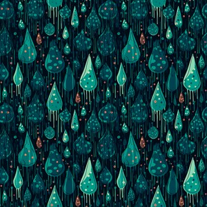 May include: A seamless pattern featuring teal blue raindrops with white polka dots on a dark blue background. The raindrops have a dripping effect, creating a whimsical and abstract design.