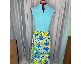 Dress 1960s maxi flower power blue green yellow