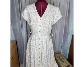 Dress white floral fit and flare swing skirt V neck
