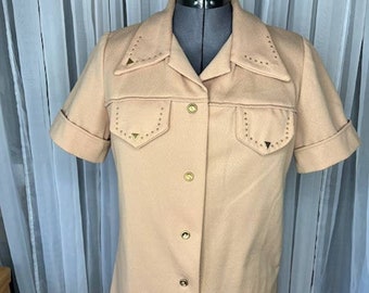 shirt button up studded 1970s polyester tan