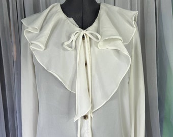 Blouse button up sheer oversized ruffle collar white