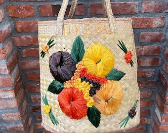 raffia straw shoulder bag purse floral bucket bag yellow orange green