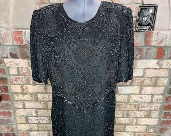 dress 100% silk beaded floral black shoulder pads