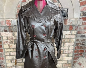 leather trench coat brown double breasted 1970s
