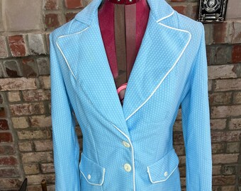 blazer 1960s polkadot blue white stretch