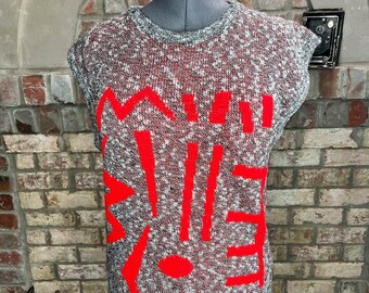 sweatervest mouwloos shell Marc Chemtob rood grijs gemêleerd