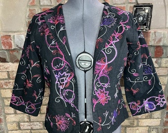 boho jacket embroidered floral black pink purple