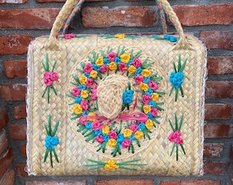 raffia straw suitcase shoulder bag floral blue pink yellow