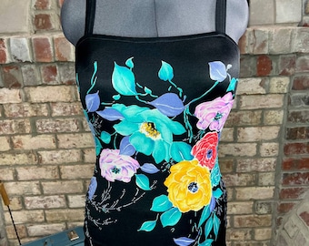 Traje de baño de una pieza floral vintage de los años 80 con panel de modestia