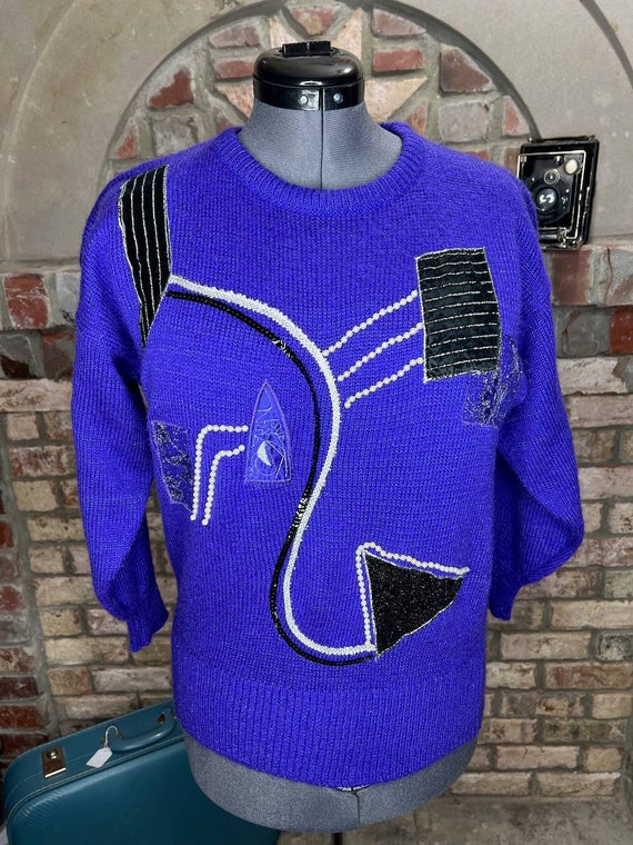 sweater vintage 1980s geometric beads purple black