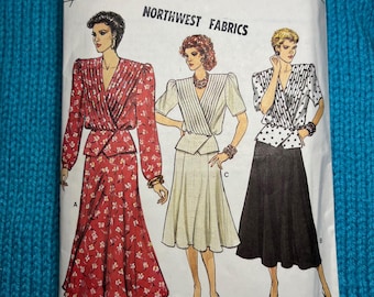 Vogue Sewing pattern 9568 blouse pleat front peplum swing skirt 1980s size 10