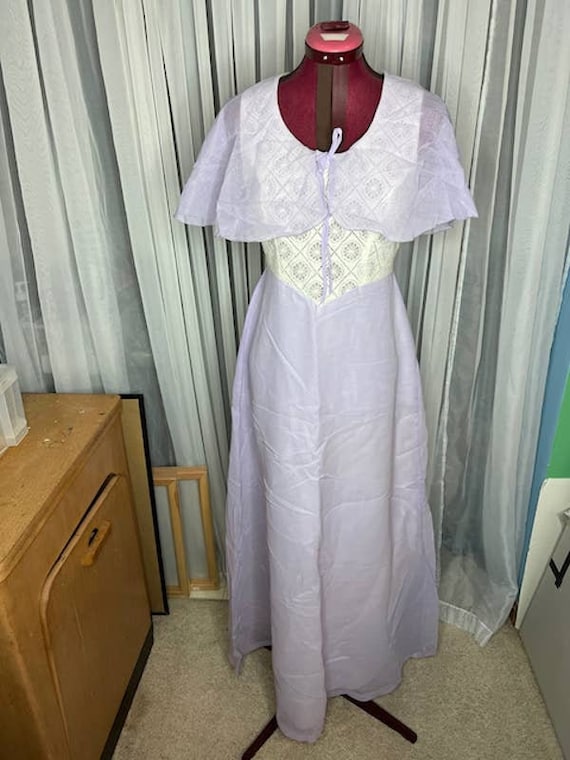dress gown formal boho lace bodice capelet fairy purple cream lace flutter sleeve