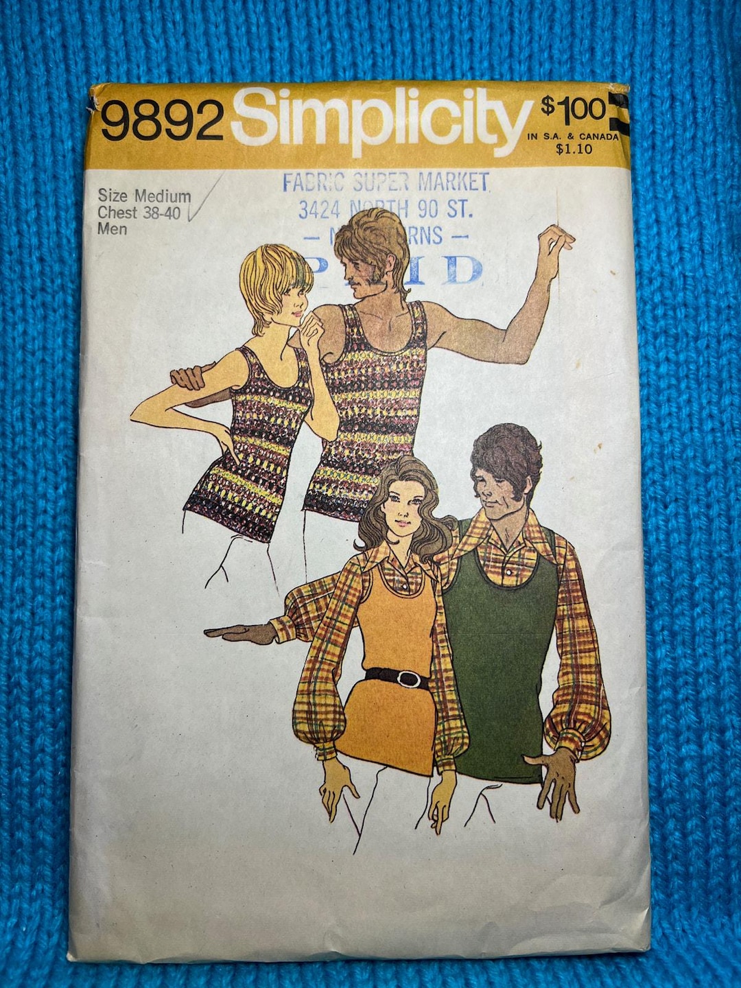 Simplicity Sewing Pattern 9892 Mens Womens Tank Top Shirt 1970s Size ...
