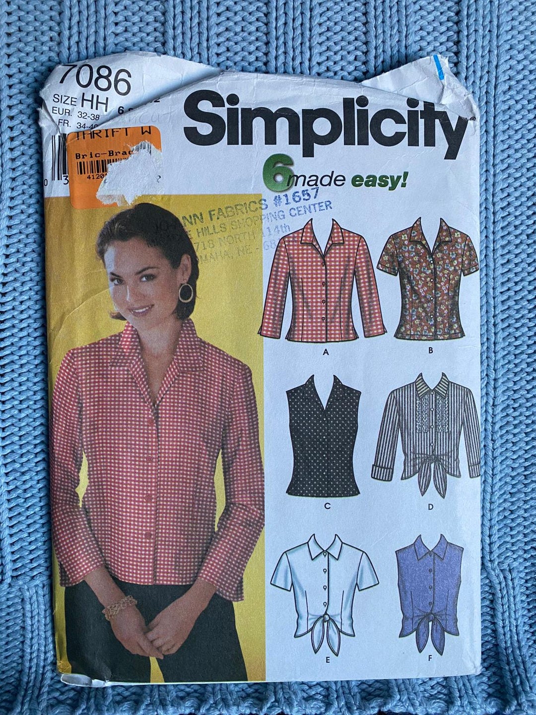 Simplicity 7086 Sewing Pattern Button Down Shirt Blouse Size 6 8 10 12 ...