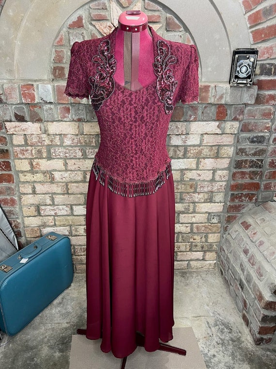 formal dress prom maroon wine red lace beaded frin
