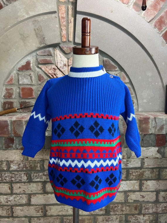 Girls sweater dress geometric intarsia blue red White green vintage 1980s Girls sweater dress geometric intarsia blue red White green vintage 1980s