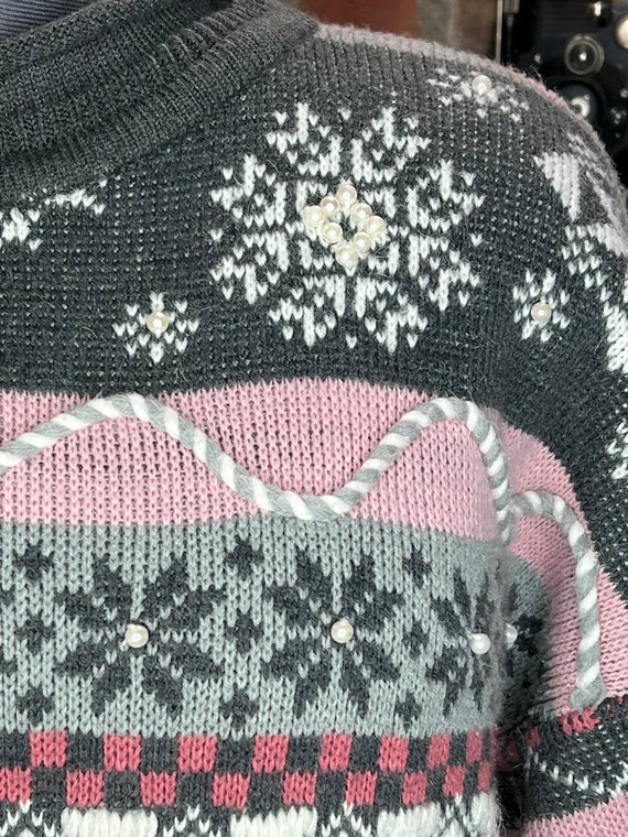 sweater intarsia 1980s embellished snowflakes pin… - image 5