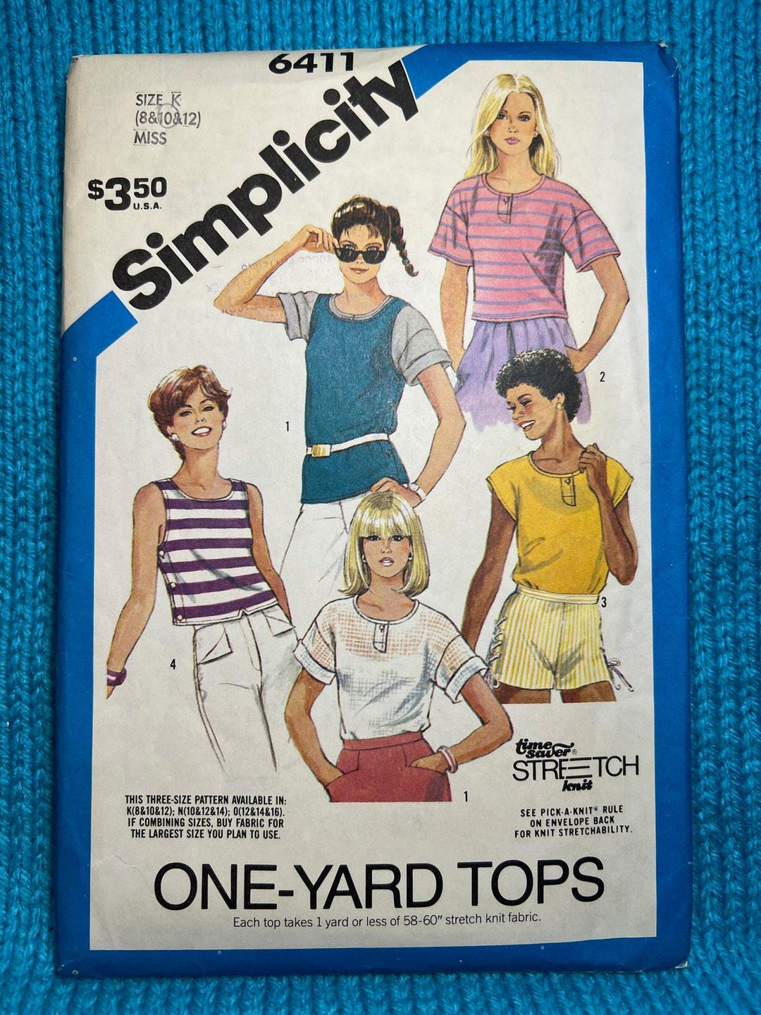 Simplicity Sewing Pattern 6411 One Yard Top Tshirt Tank Top 1980s Size ...